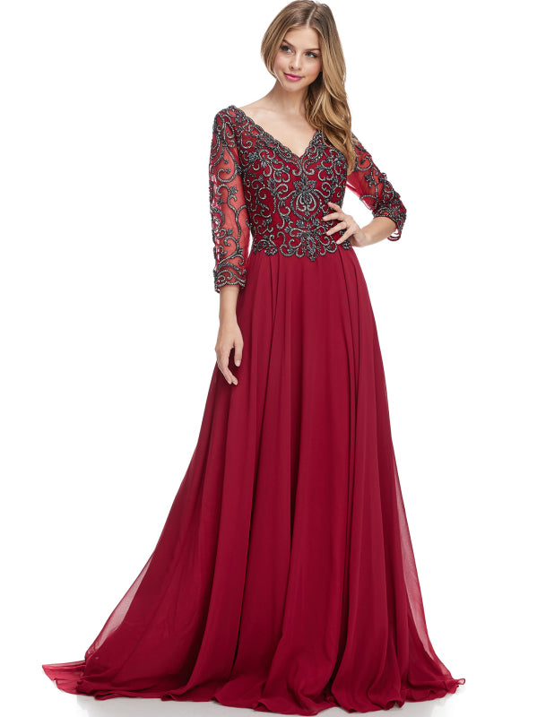 Vestido Azul manga 3/4 color Vino (VF_7445) - Wine